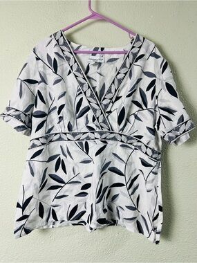 Mandarin Blue Women’s V Neck Linen  Blouse Bitanical leaf Pattern 1X